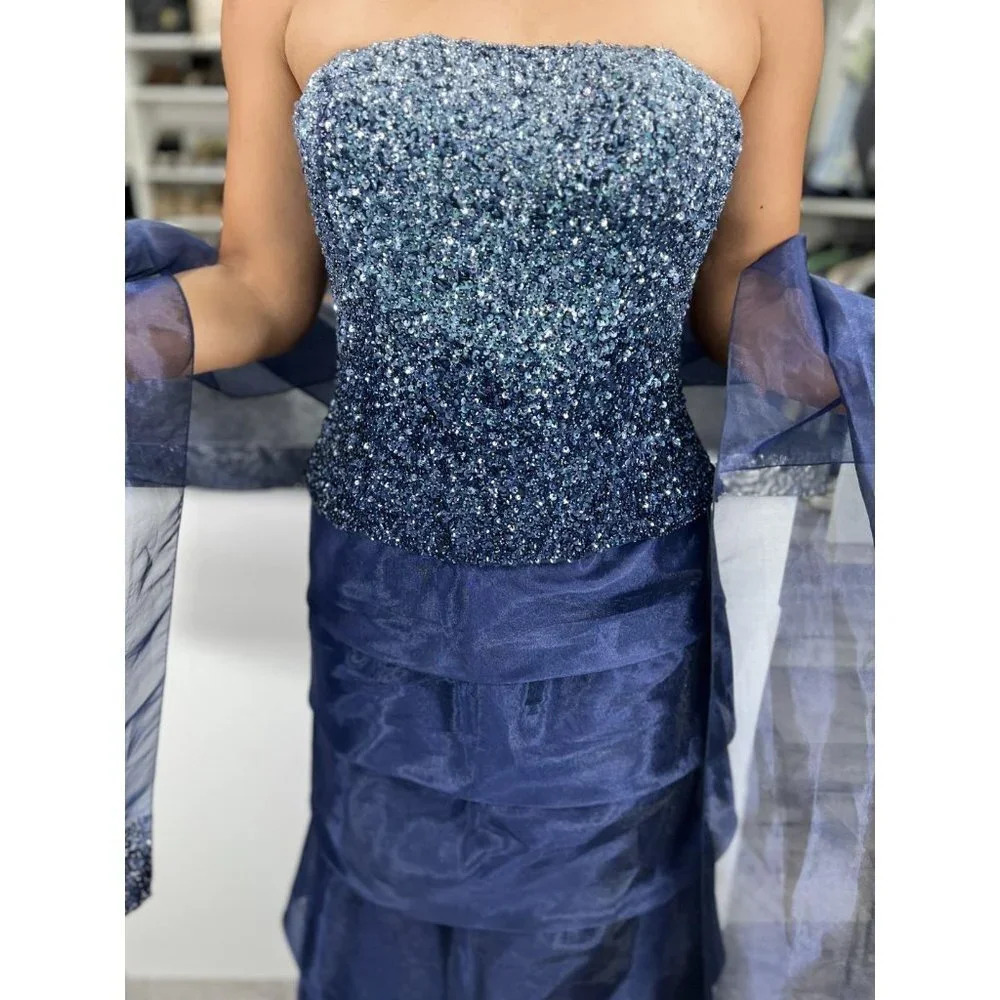 Jovani Navy Blue Sequined Strapless Tiered Formal Gown $395 - Picture 3 of 11